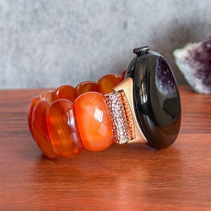 Handmade Pixel Watch Band with Red Agate Gemstone: Beaded Watch Strap, Natural Stone Bracelet Wristband