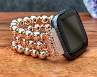 Handmade Beaded Rose Gold Hematite Watch Band for Fitbit and Garmin Watches (not all models) : Natural Stone Smartwatch Strap