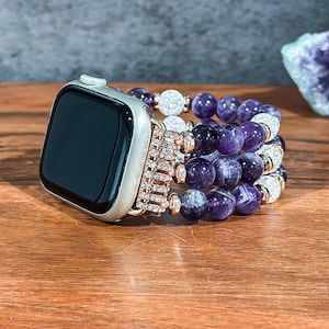 Beaded Apple Watch Band with Purple Amethyst and Snow Cracked Crystal Beaded Gemstone Handmade Watch Strap for IWatch Women Gift Idea