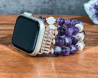 Beaded Apple Watch Band with Purple Amethyst and Snow Cracked Crystal, Natural Stone Handmade Watch Strap Wristband