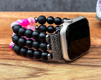 Apple Watch Band with Black Onyx, Volcanic Lava, & Cracked Agate Gemstone: Handmade Beaded Watch Strap, Natural Stone Wristband