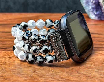 Handmade Beaded Tibetan Mystical Old Onyx Agate Watch Band for Fitbit and Garmin Watches (not all models): Natural Stone Watch Strap