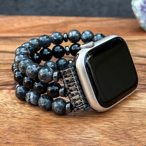 Beaded Watch Band for Apple Watch with Black Polished Labradorite and Black Onyx Gemstone Handmade Watch Strap Natural Stone Bracelet