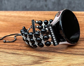 Adjustable Watch Band with Black Pearls for 20mm Watches: Beaded Galaxy Watch Strap