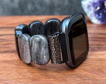 Handmade Silver Obsidian Gemstone Watch Band for Fitbit & Garmin: Natural Stone Beaded Watch Strap