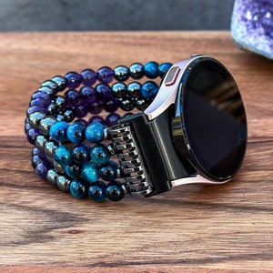 Handcrafted Samsung Galaxy Watch Band showcasing Black Hematite, Purple Amethyst, and Blue Tiger Eye gemstones. Each bead is carefully selected for its captivating natural charm and elegant finish.