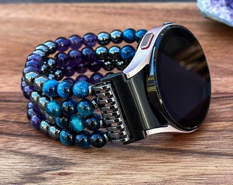 Galaxy Watch Band with Black Hematite, Purple Amethyst, and Blue Tiger Eye Gemstone Handmade Women Watch Strap for Samsung Galaxy Watch