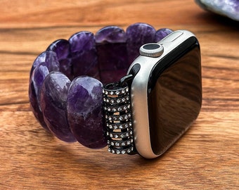 Genuine Amethyst Gemstone Apple Watch Band, Handmade Natural Stone Watch Strap, Beaded Wristband