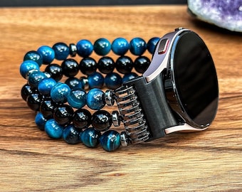 Blue Tiger Eye and Black Onyx Gemstone Handmade Watch Band for Samsung Galaxy Watch Strap with Natural Stone Bracelet for Women and Man