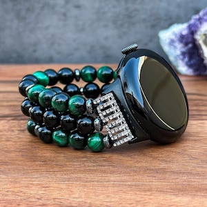 Beaded Pixel Watch Band with Green Tiger Eye Natural Stone Bracelet Google Pixel Watch Fashion Handmade Elastic Pixel Watch Strap for Women
