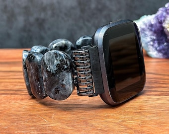 Handmade Black Labradorite Watch Band for Fitbit and Garmin Watches (not all models) : Natural Stone Beaded Watch Strap