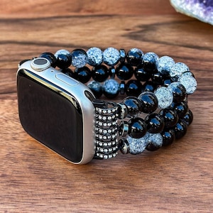 Apple Watch Beaded Band with Black Snow Cracked Crystal and Black Onyx Stone Handmade Watch Strap IWatch Natural Stone Bracelet Gift Idea