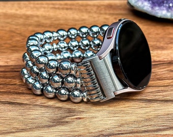 Handmade Silver Hematite Gemstone Watch Strap: Beaded Galaxy Watch Band