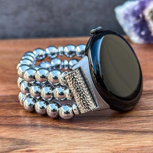 Natural Stone Beaded Pixel Watch Bracelet with Silver Hematite Gemstone Handmade Watch Band for Google Pixel Watch Strap for Men and Women