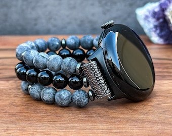 Black Labradorite & Onyx Beaded Pixel Watch Band - Handmade Gemstone Watch Strap, Natural Stone Wristband Bracelet