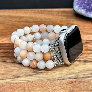 Beaded Iwatch Strap with Champagne Pink Aventurine Gemstone Handmade Watch Band for Apple Watch Natural Stone Bracelet for Women Gift Idea