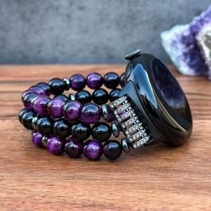 Beaded Pixel Watch Band with Purple Tiger Eye Natural Stone Bracelet Google Pixel Watch Fashion Handmade Elastic Pixel Watch Strap for Women