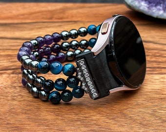 Beaded Watch Band with Black Hematite, Purple Amethyst, and Blue Tiger Eye Gemstone: Handmade Galaxy Watch Strap