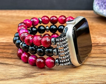 Boho Red Tiger Eye Apple Watch Band & Black Onyx Gemstone, Handmade Watch Strap, Natural Stone Beaded Wristband Bracelet