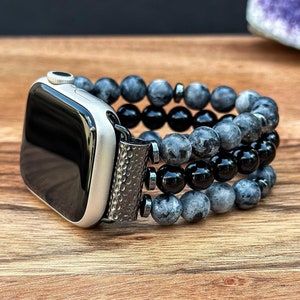 Handmade Beaded Apple Watch Band with Black Labradorite and Black Onyx Gemstone Watch Strap IWatch Natural Stone Bracelet for Men & Women