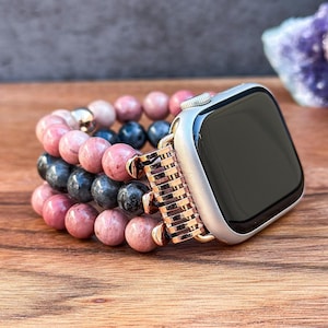 Beaded Watch Band for Apple Watch with Pink Rhodonite and Black Polished Labradorite Gemstone Handmade Watch Strap Natural Stone Bracelet