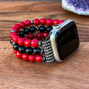 Red Coral & Black Onyx Beaded Apple Watch Band: Handmade Natural Stone IWatch Strap