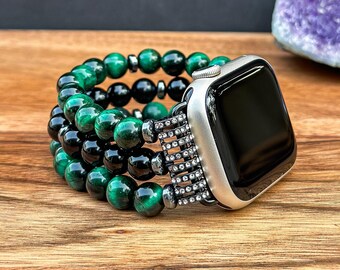 Handmade Green Tiger Eye & Black Onyx Gemstone Apple Watch Band, Beaded Watch Strap Wristband