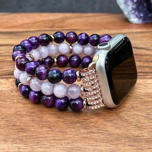 Apple Watch Beaded Band with Purple Tiger Eye and Purple Angelite Gemstone Handmade Watch Strap for IWatch Band for Women Bracelet