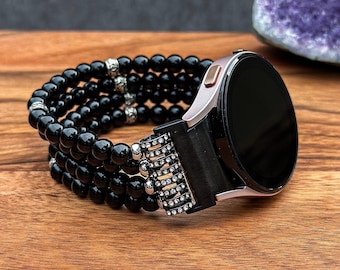 Handmade Galaxy Watch Band with Black Pearls: Beaded Watch Strap