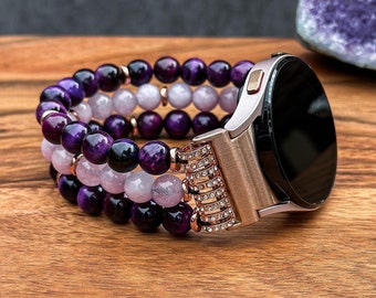 Galaxy Watch Band with Purple Tiger Eye and Purple Angelite Gemstone Handmade Watch Strap for Samsung Watch Natural Stone Women Bracelet
