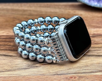 Apple Watch Beaded Watch Strap with Silver Hematite Gemstone Handmade Watch Band Apple Watch Replacement Bracelet Natural Stone Gift Idea