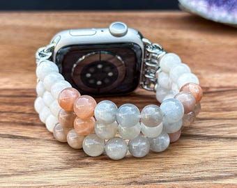 Mix Color Moonstone Beaded Apple Watch Strap, Handmade Watch Band, Natural Stone Bracelet Wristband