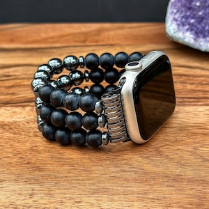 Handmade Gemstone Apple Watch Band with Black Hematite and Black Onyx Natural Stone Watch Strap for Apple Watch Beaded Bracelet for Men
