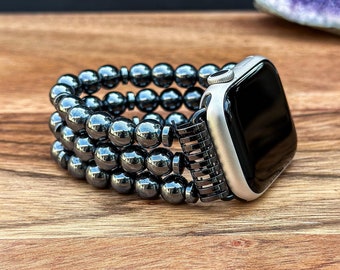 Black Hematite Gemstone Apple Watch Band, Handmade Beaded Watch Strap, Natural Stone Wristband