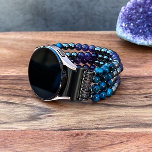 Correa de reloj hecha a mano con hematita negra, amatista morada y ojo de tigre azul: Correa de reloj Galaxy con cuentas imagen 8