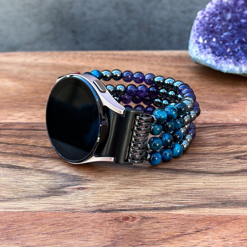 Correa de reloj hecha a mano con hematita negra, amatista morada y ojo de tigre azul: Correa de reloj Galaxy con cuentas imagen 8