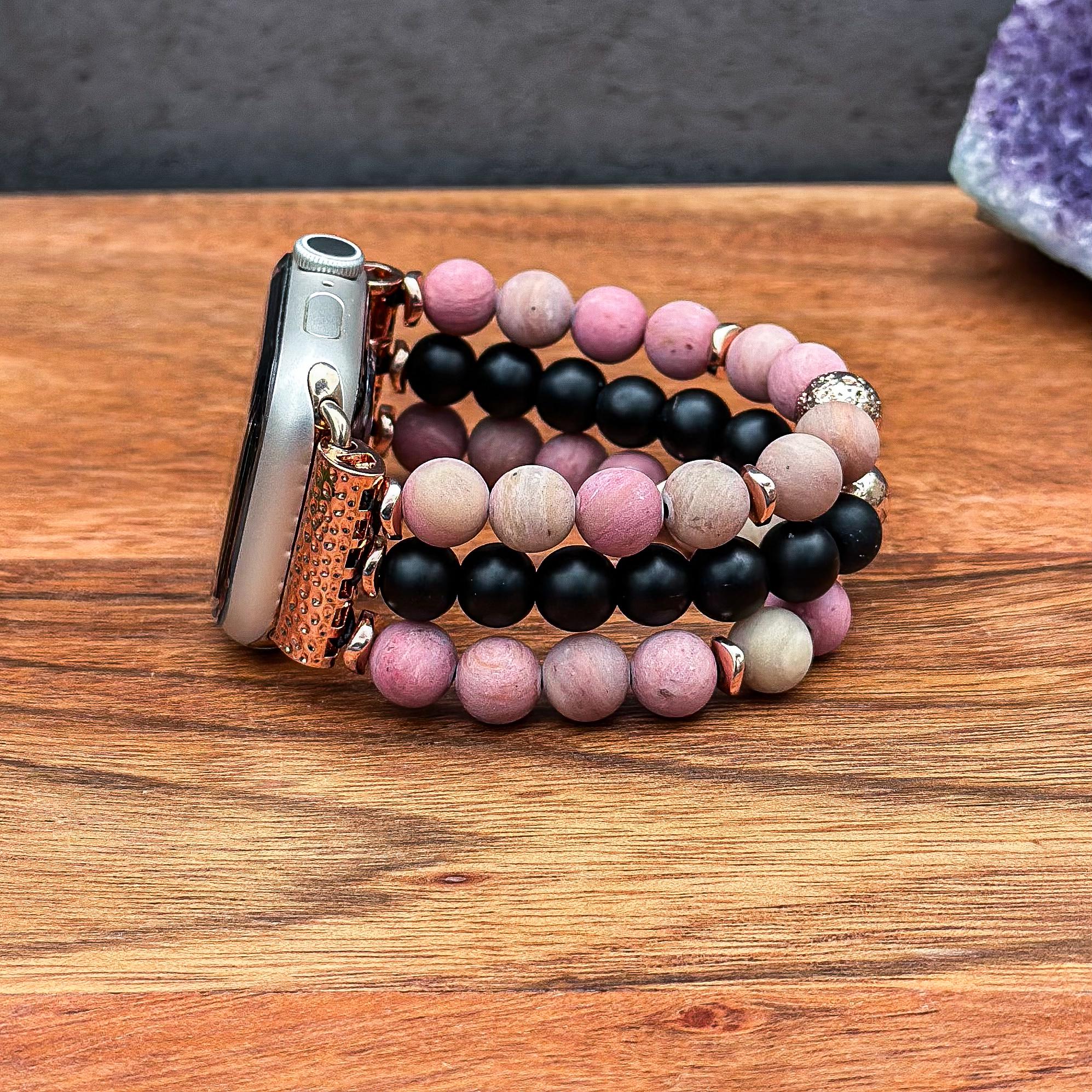 Rhodonite Gemstone Apple Watch Band 3 Strand Pink Black Stone 42mm 44mm 45mm apple-watch-elite-silicone-  main image 4