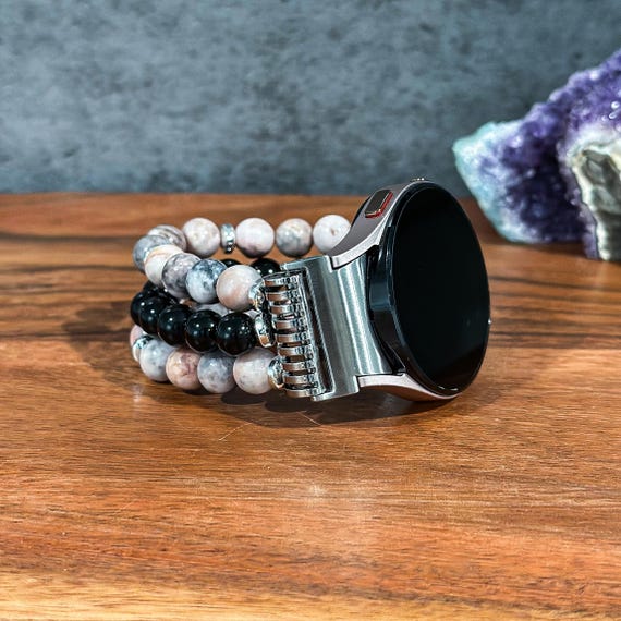 Correa de reloj Samsung Galaxy con cuentas, cebra rosa y ónix