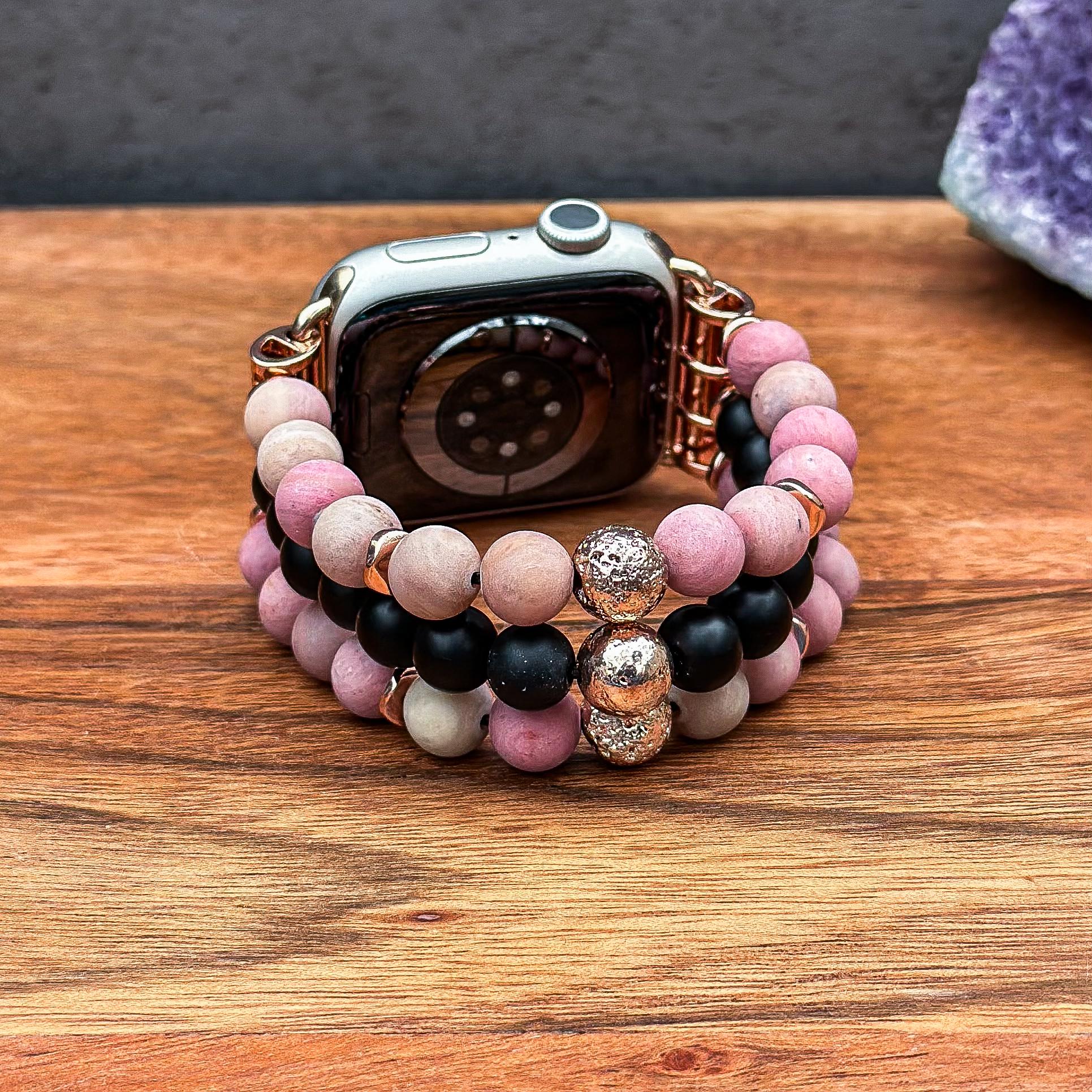Apple Watch Band With Pink Rhodonite, Matte Black Onyx, and  display picture 2