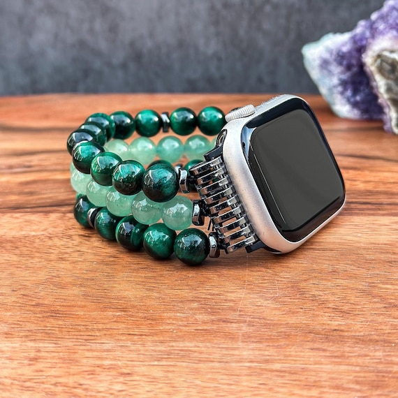 Green Tiger Eye and Aventurine Apple Watch Band, Beaded Handmade Watch Strap, Natural Stone Bracelet Wtistband