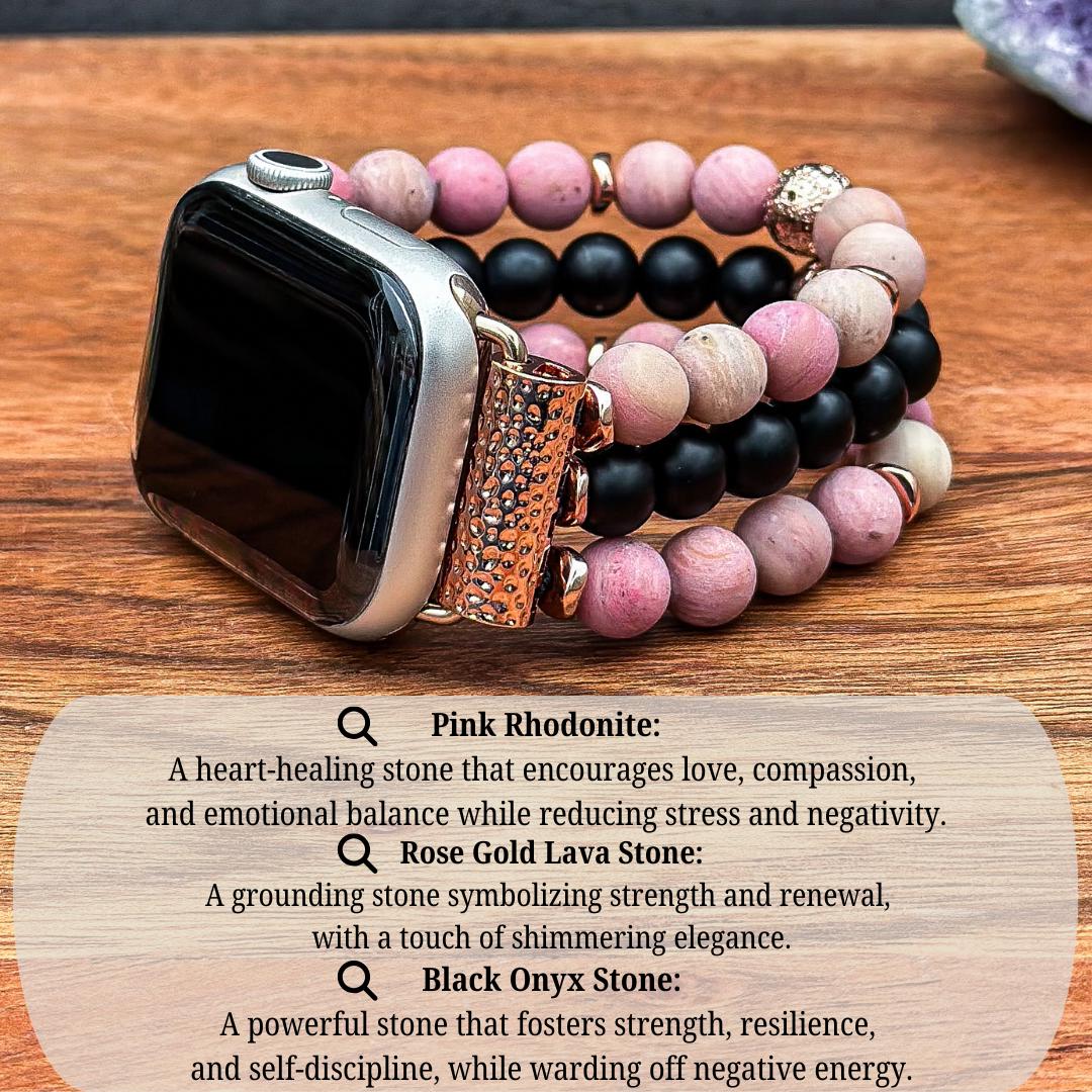 Apple Watch Band With Pink Rhodonite, Matte Black Onyx, and  display picture 3