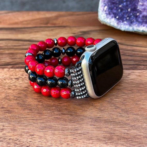 Beaded Apple Watch Band With Red Coral & Black Onyx  display picture 2