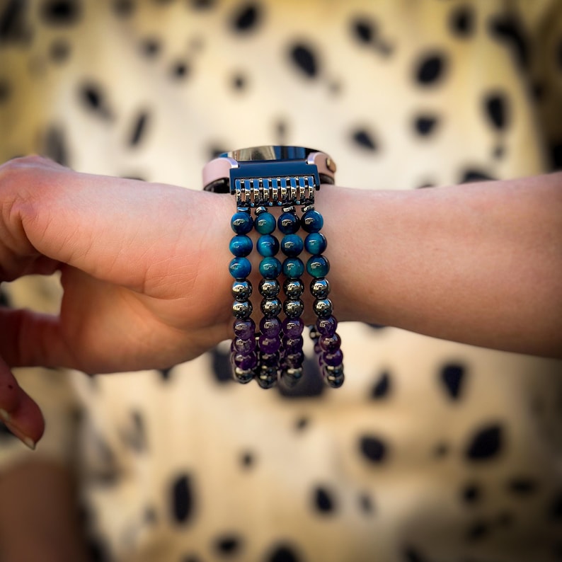 Elegant Samsung Galaxy Watch Band handmade with premium Black Hematite, Purple Amethyst, and Blue Tiger Eye gemstones. This luxurious accessory offers timeless beauty and style for your smartwatch.
