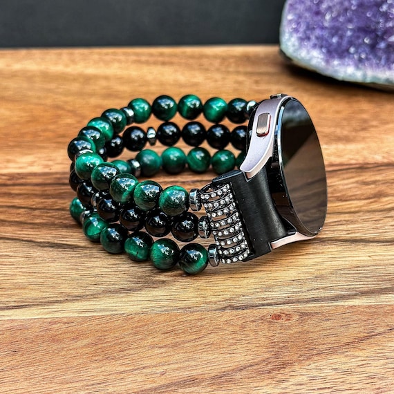 Handmade Watch Band with Green Tiger Eye and Black Onyx Gemstone: Natural Stone Beaded Galaxy Watch Strap