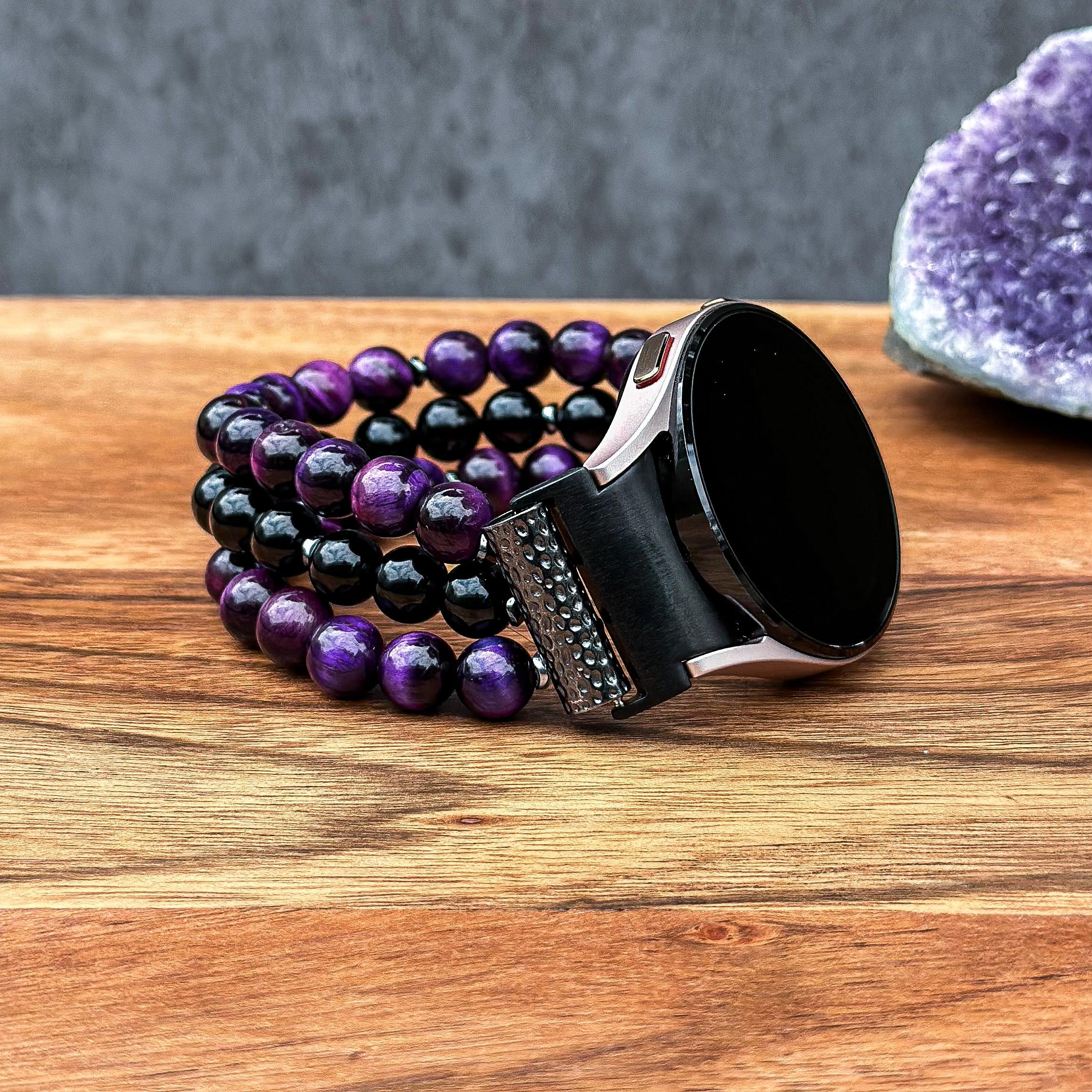 Purple Tiger Eye and Black Onyx Gemstone Handmade Watch Band for Samsung Galaxy Watch Strap with Natural Stone Bracelet for Women