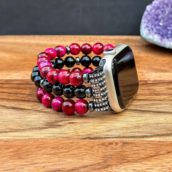 Boho Red Tiger Eye Apple Watch Band & Black Onyx Gemstone 