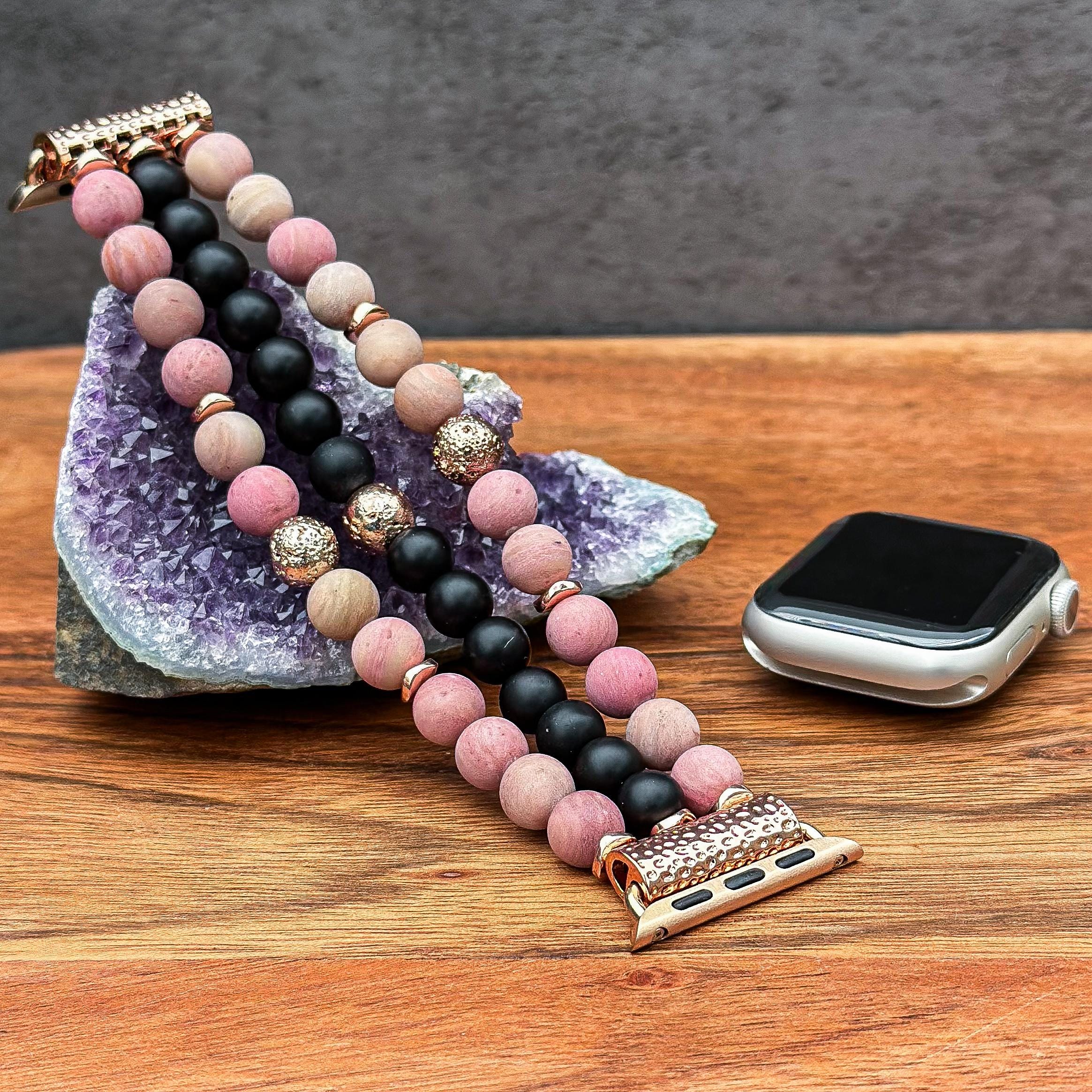 Rhodonite Gemstone Apple Watch Band 3 Strand Pink Black Stone 42mm 44mm 45mm apple-watch-elite-silicone-  main image 2