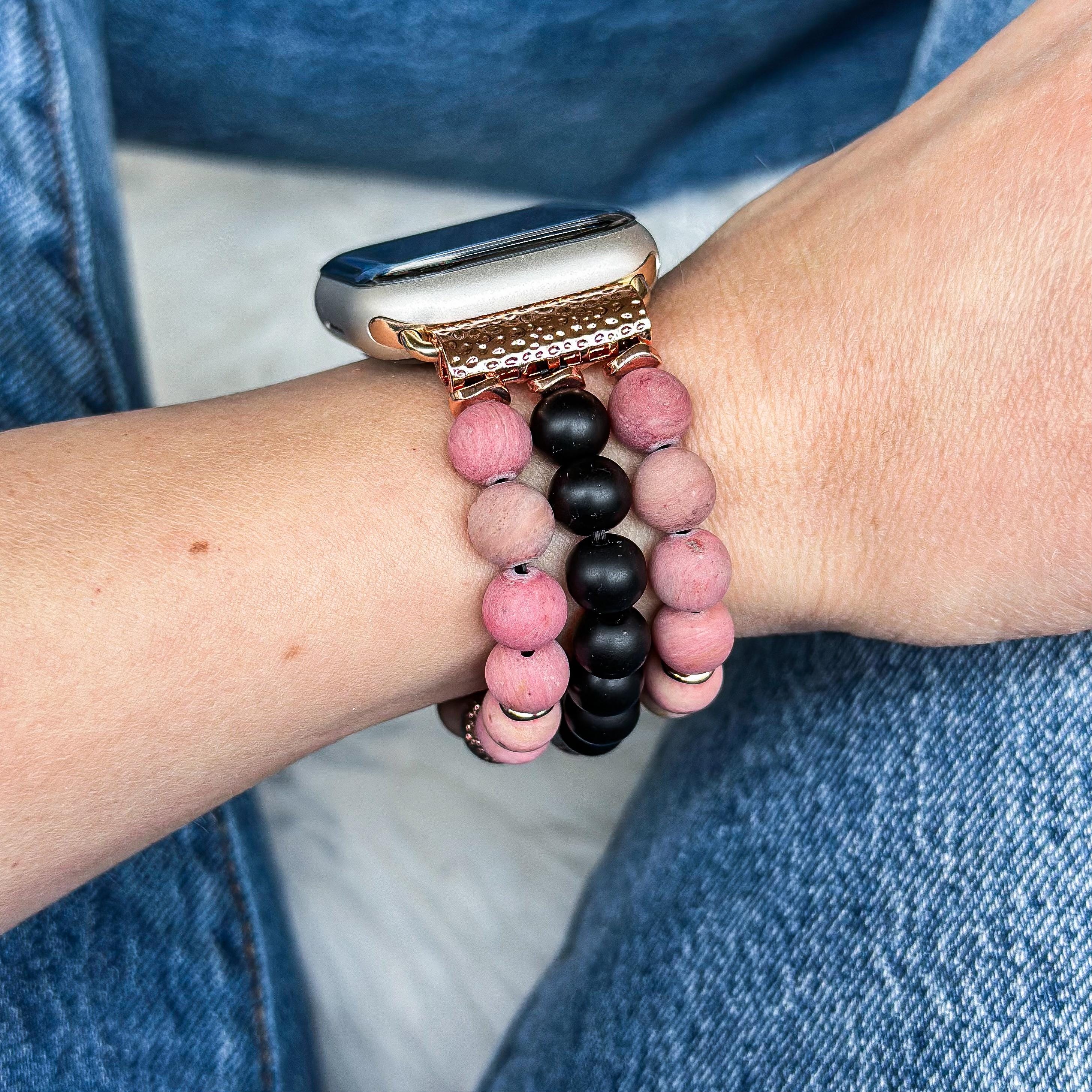 Rhodonite Gemstone Apple Watch Band 3 Strand Pink Black Stone 42mm 44mm 45mm apple-watch-elite-silicone-  main image 3