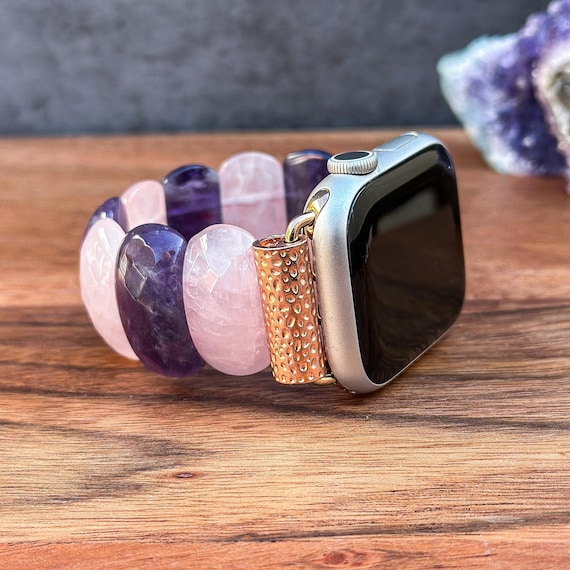 Genuine Amethyst and Rose Quartz Gemstone Apple Watch Band, Handmade Wristband, Natural Stone Watch Strap