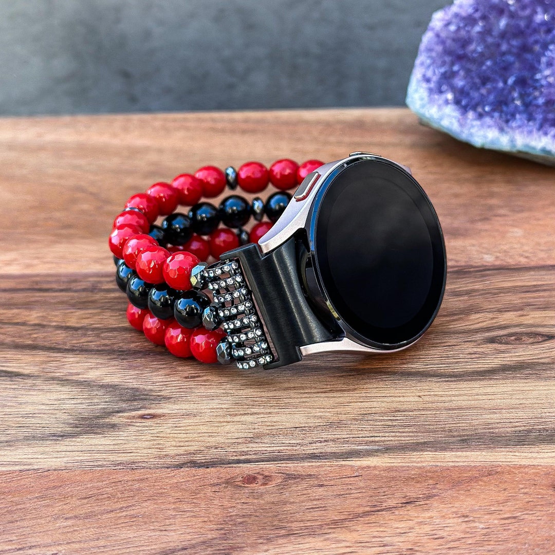 Samsung Galaxy Watch Band With Red Coral and Black Onyx Gemstone